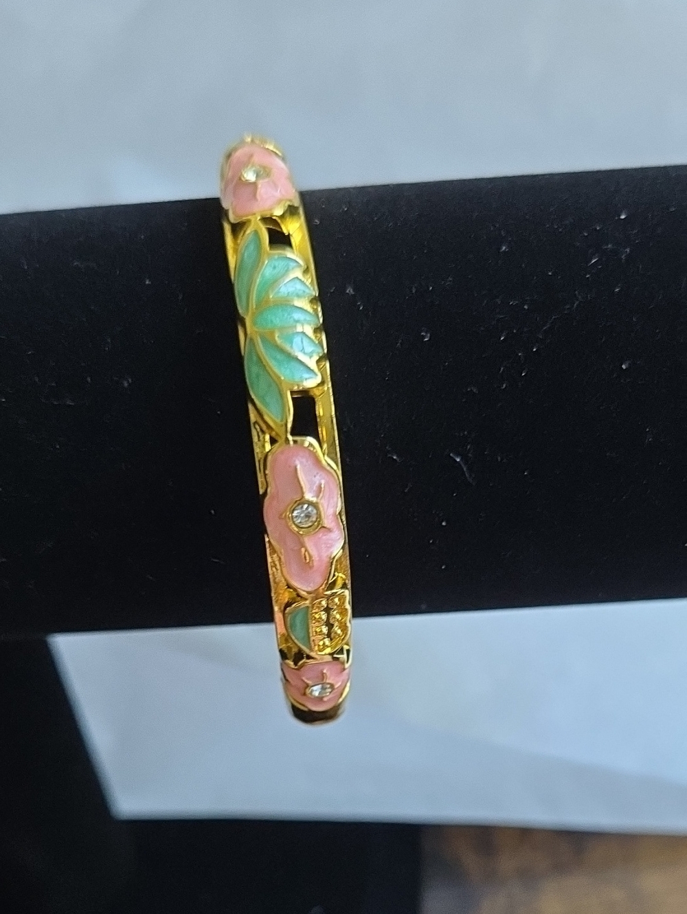 Gold-Tone Floral Enamel Bangle Bracelet in Pink & Teal